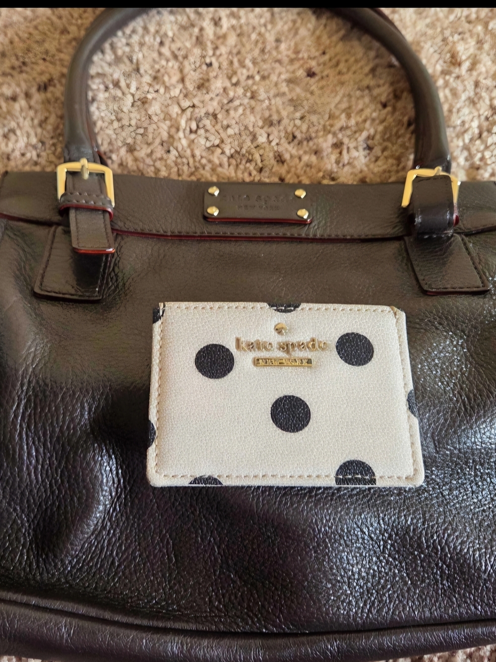 Kate Spade Chocolate Leather Tote with Polka Dot Accent Amd Matching Card Holder